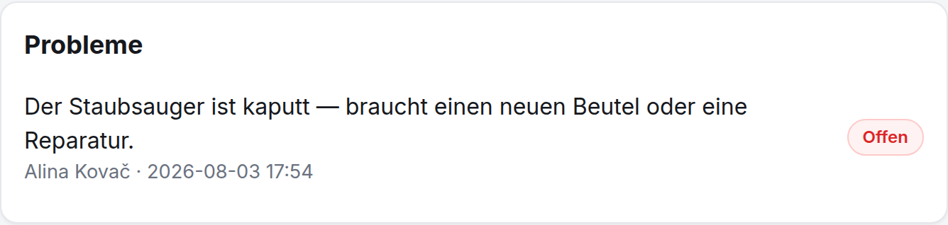 Ein von einer Reinigungskraft gemeldetes Problem: der Staubsauger ist kaputt.